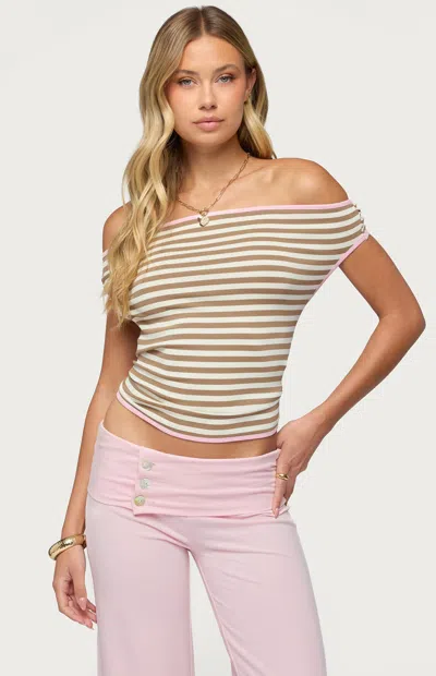 Edikted Women's Zory Striped Off-the-shoulder Top In Cream/brown In Multi