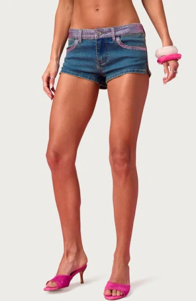 Edikted Barbie Rhinestone Low Rise Denim Shorts In Blue