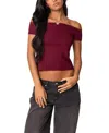 Edikted Xoe Lace Trim Off The Shoulder Crop Top In Burgundy