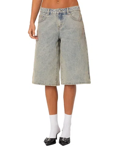 Edikted Xtra Long Acid Wash Denim Bermuda Shorts In Blue