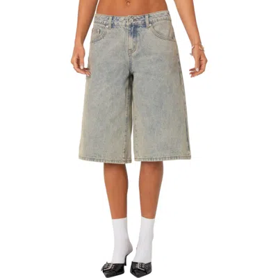 Edikted Xtra Long Acid Wash Denim Bermuda Shorts In Blue