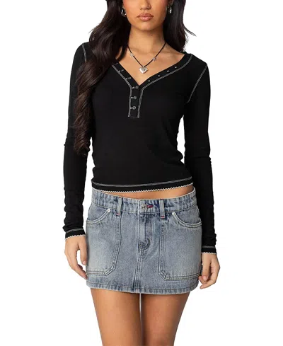 Edikted Yael Contrast Stitch Henley In Black