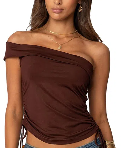 Edikted Yafa Asymmetric Off Shoulder Top In Brown