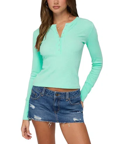 Edikted Yerin Long Sleeve Henley Ribbed Top In Green