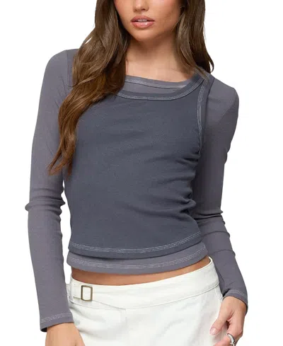 Edikted Zane Contrast Layered Long Sleeve Top In Gray