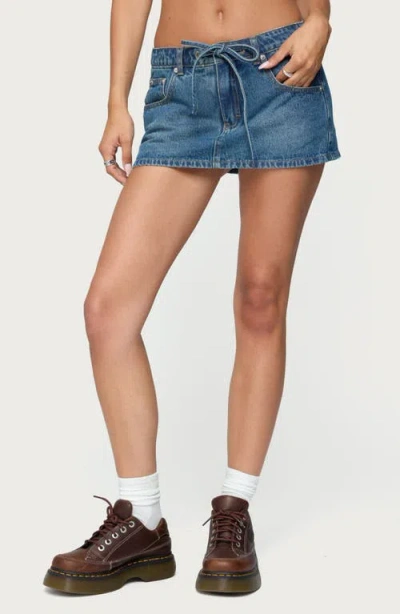 Edikted Ziggie Tie Front Denim Miniskirt In Blue