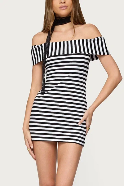 Edikted Zivi Fold Over Striped Mini Dress In Black/and/white, Women's At Urban Outfitters