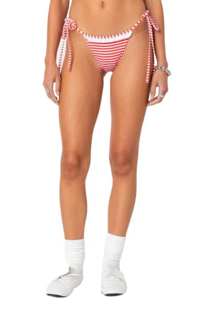 Edikted Zora Stripe Side Tie Bikini Bottoms In Red