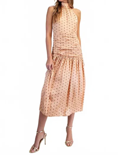 Edit By Nine Halter Neck Polka Dot Midi Dress In Honey Brown In Pink