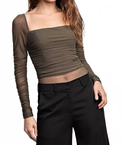 Edit By Nine Sheer Ruched Long Sleeve Bodysuit In Olive In Gray