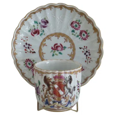 Pre-owned Edmé Samson Armorial Tea Cup And Saucer, Fluted Porcelain, Circa 1870 In Gray
