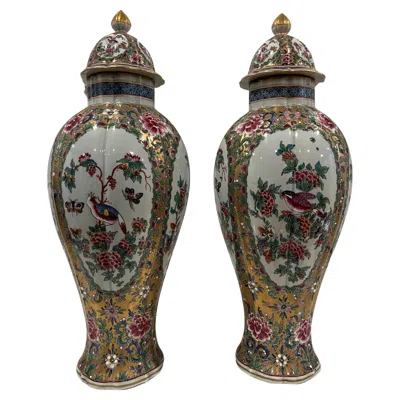 Pre-owned Edmé Samson Pair, Sampson French Porcelain Famille Rose Medallion Pallet Porcelain Urns In Red