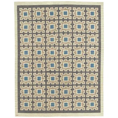 Pre-owned Edna Martin Mid-20th Century Gray And Blue Geometric Swedish Flat-weave Rug By