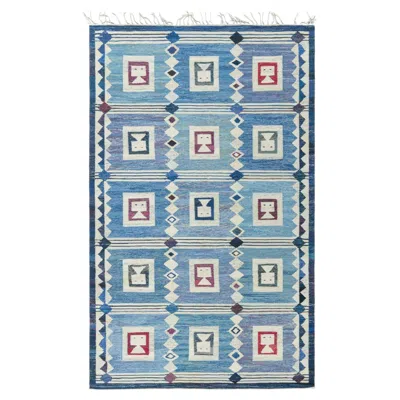 Pre-owned Edna Martin Vintage Swedish Flatweave Rug The Girls In The Window Designed By  In Blue