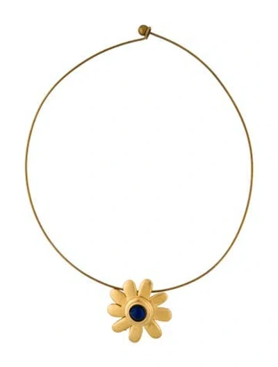 Pre-owned Edouard Rambaud Resin Flower Pendant Choker Necklace, 15" In Blue