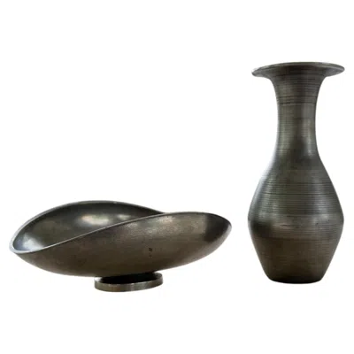 Pre-owned Edvin Ollers Art Deco Vase And Bowl In Pewter Made In Sweden 1950s  In Black