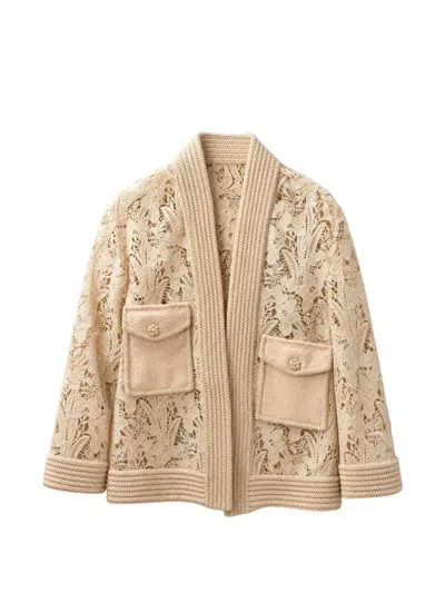 Edward Achour Paris Floral-lace Flap-pocket Jacket In Brown