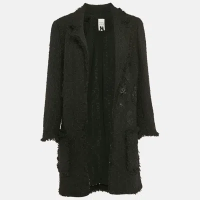 Edward Achour Paris Tweed Applique Detail Open Front Coat In Black