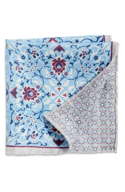 Edward Armah Arabesque & Floral Prints Reversible Silk Pocket Square In Lite Blue