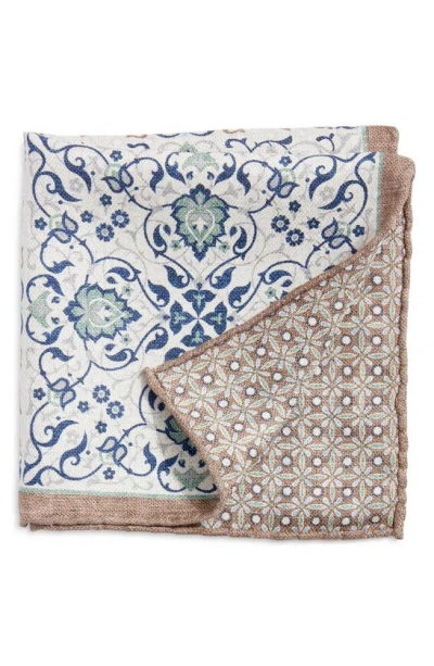 Edward Armah Arabesque & Floral Prints Reversible Silk Pocket Square In White