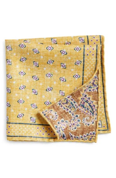 Edward Armah Dot & Paisley Reversible Silk Pocket Square In Yellow