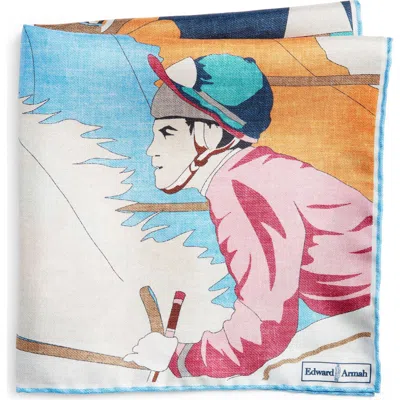 Edward Armah Jockey Print Silk Pocket Square In Denim
