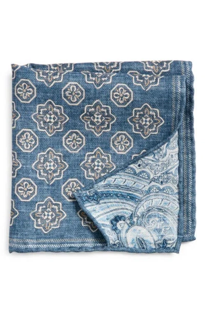 Edward Armah Medallion & Paisley Reversible Silk Pocket Square In Denim