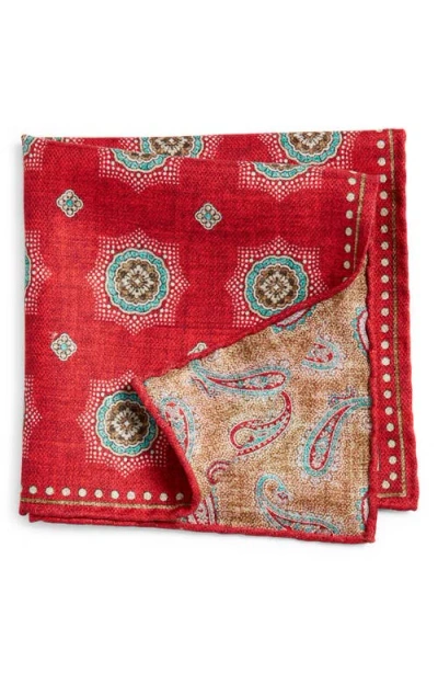 Edward Armah Medallion & Paisley Reversible Silk Pocket Square In Red
