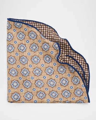 Edward Armah Men's Reversible Houndstooth To Medallion Silk Pocket Circle In Neutral