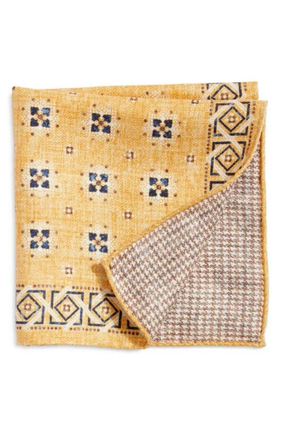 Edward Armah Neat & Houndstooth Prints Reversible Silk Pocket Square In Yellow