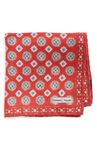 Edward Armah Red Medallion Print Reversible Silk Pocket Square