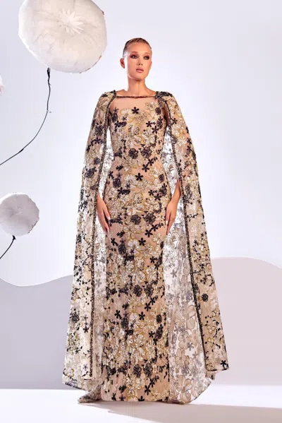 Edward Arsouni Caped Embroidered Gown In Multi