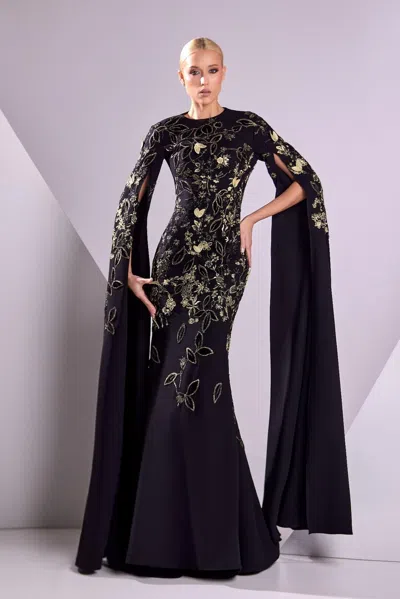 Edward Arsouni Crepe And Lace Cape Sleeve Gown In Black