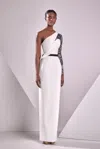 EDWARD ARSOUNI CREPE AND LACE EMBROIDERY ONE SLEEVE GOWN