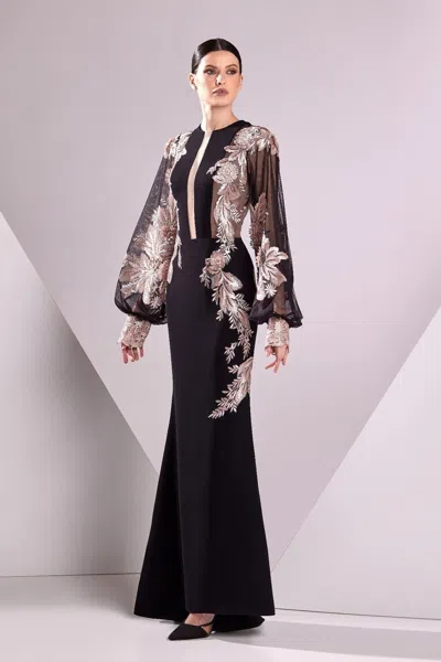 Edward Arsouni Crepe And Lace Long Sleeve Gown In Black