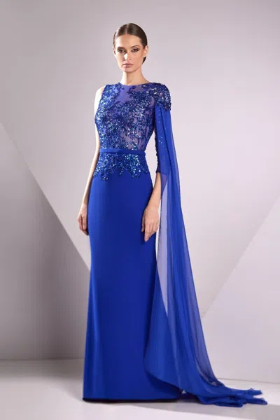 Edward Arsouni Crepe Cady And Chiffon Gown In Blue