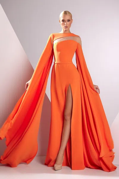 Edward Arsouni Crepe Cady Cape Sleeve Gown In Orange