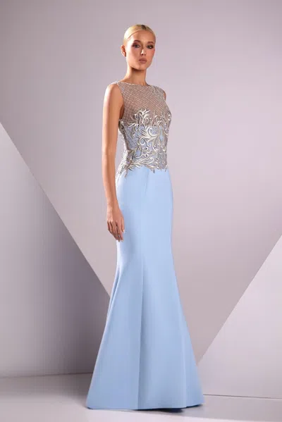 Edward Arsouni Crepe Cady Flared Gown In Blue