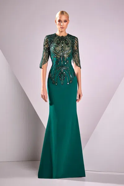 Edward Arsouni Crepe Cady Gown With Handmade Embroidery In Green
