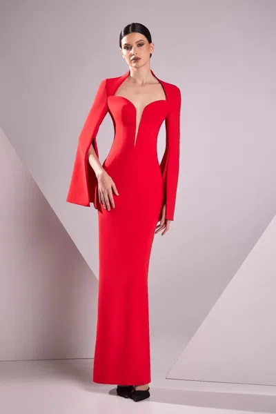 Edward Arsouni Crepe Marocain Slit Sleeve Gown In Red