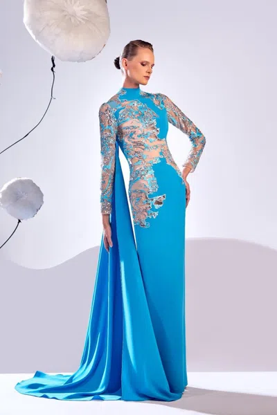 Edward Arsouni Draped Shoulder Lace Gown In Multi