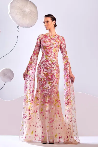 Edward Arsouni Embroidered Cape Sleeve Gown In Blue