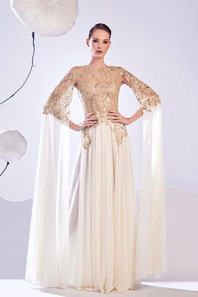 Edward Arsouni Embroidered Draped Sleeve Gown In Multi