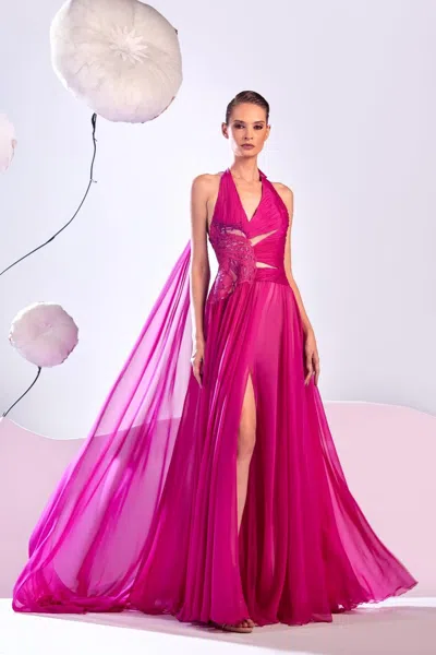 Edward Arsouni Halter High Slit Gown In Pink