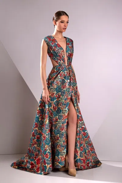 Edward Arsouni Jacquard Floral Gown In Multi