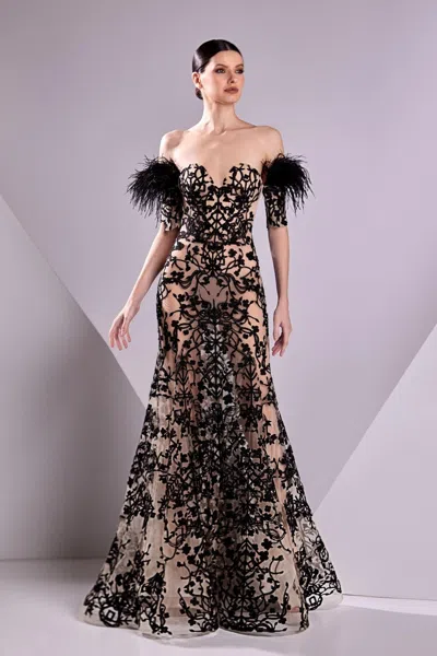 Edward Arsouni Lace And Feathered Gown In Black