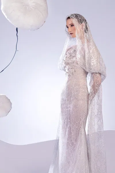 Edward Arsouni Lace Cape-like Hood Gown In White