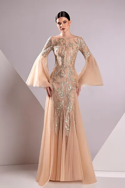 Edward Arsouni Lace Embroidered Bell Sleeve Gown In Neutral