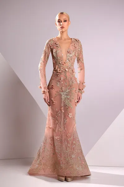 Edward Arsouni Lace Embroidered Flared Gown In Brown