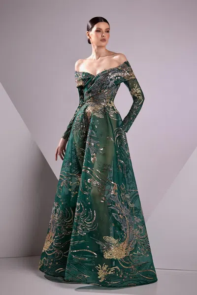 Edward Arsouni Lace Embroidered Off Shoulder Gown In Multi